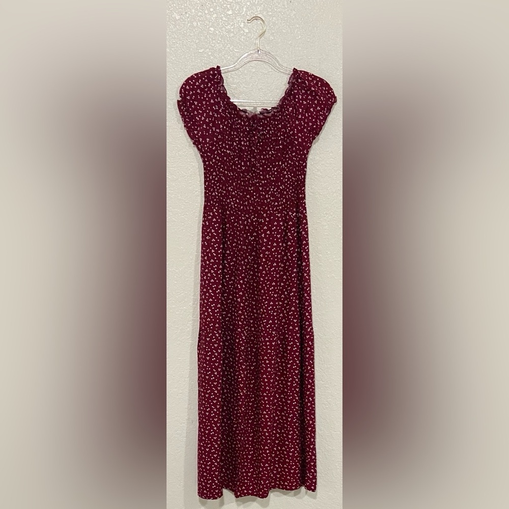 Smocked Burgundy Maxi Dress with White Heart Print